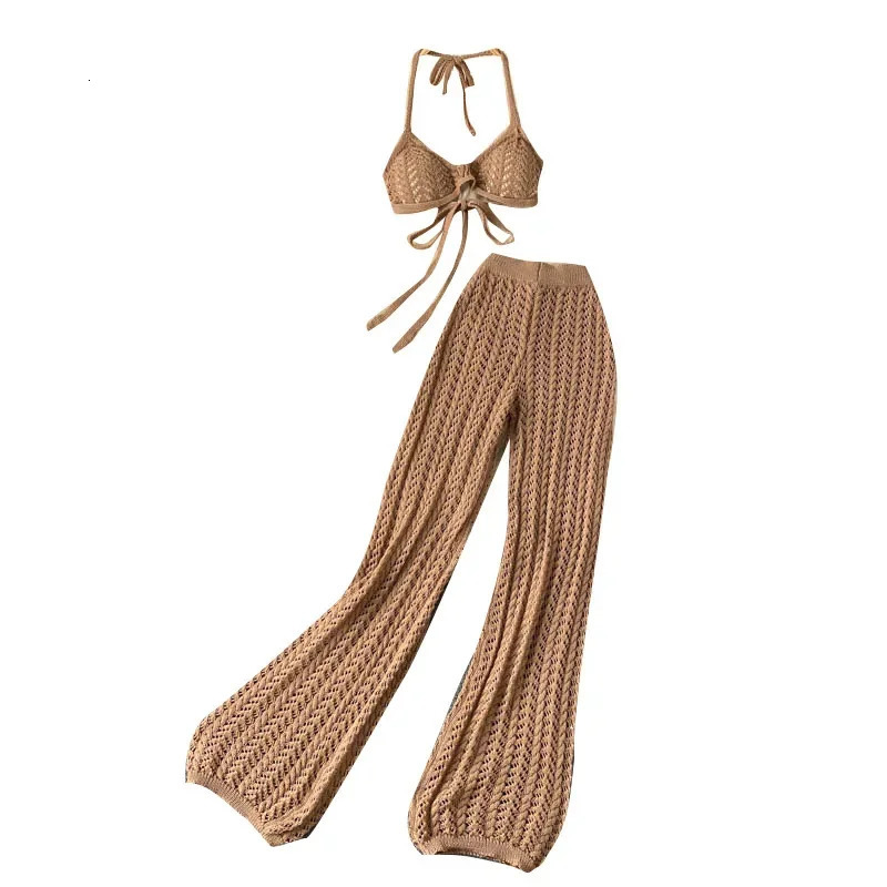Sexy Halter Neck Bikini Suit Womens Summer Fashion Knitted Hollow Out Bottoms With Tie n Sensible Stylish Beach Vacation W 250324