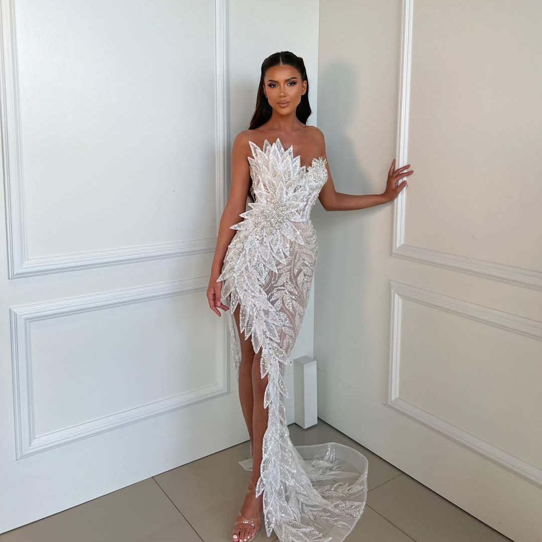 Strapless Mermaid Evening Dress Beading Sequined Side Split Long Prom Dresses Customized Tulle Sexy Illusion Party Gown