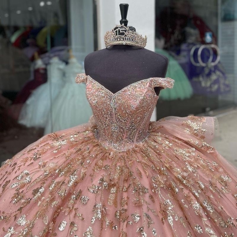 Pink Shiny Quinceanera Dresses Beaded Crystal Sequin Gold Applique Lace Sweet 16 Princess Party Formal Birthday Dress Ball Gowns Vestidos De 15 anos