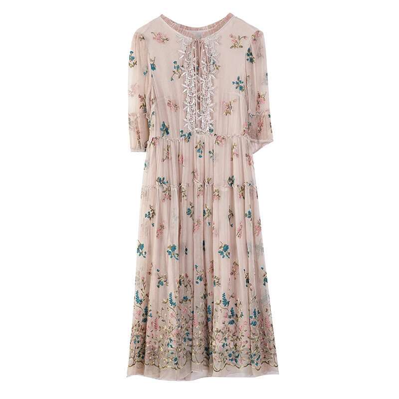 Women ral Natural Silk Embroidery Midi Spring Summer Fahsion Casual Beach Maxi Sundress Elegnat Loose Dress