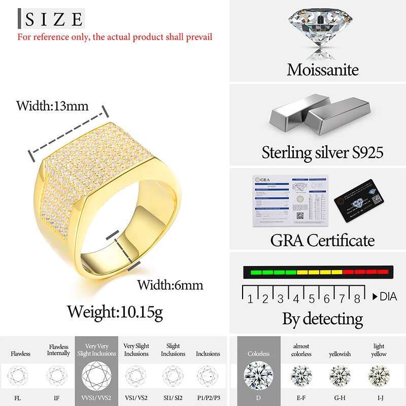Unisex Classic Simple Style 925 Ring Moissanite Men Hip Hop Jewelry Pave Setting Ring Fashion Rock Gift