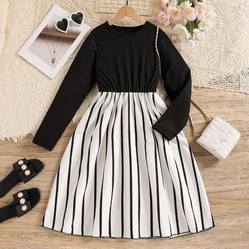 Childrens Girls Black Long Sleeve Patchwork Stripe Dress Spring Childrens Princess Dress 8-12 Year Old Girls W250326