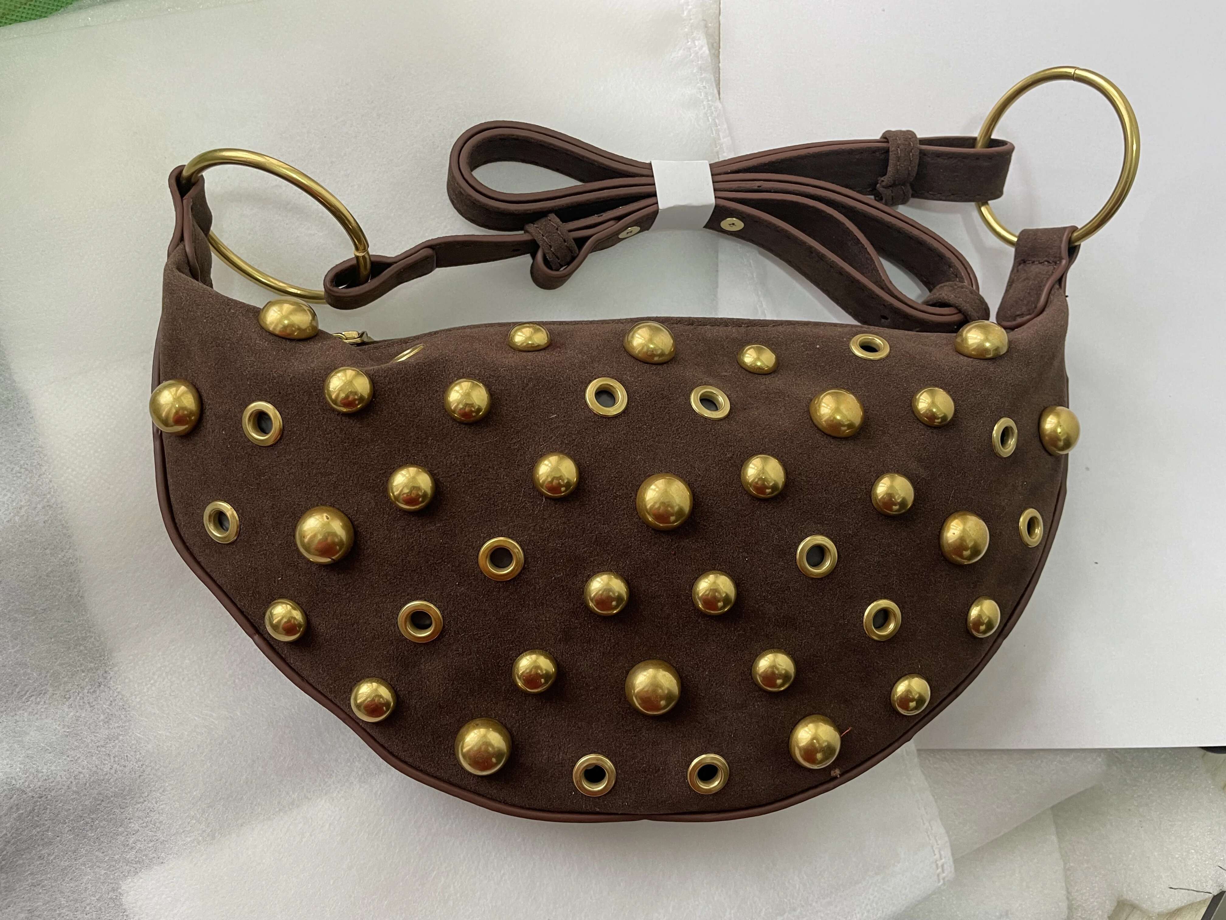 Vintage Rivets Holes Casual Woven Shoulder Women Tote Shopping Bag Female Handbag Half Moon Hobos