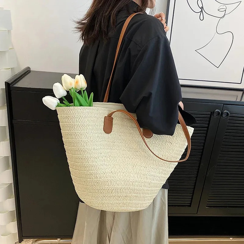 2025 model Womens Large Capacity Shoulder Bag Summer Straw Woven Basket Handbag Fashion Female Beach Bag 250325