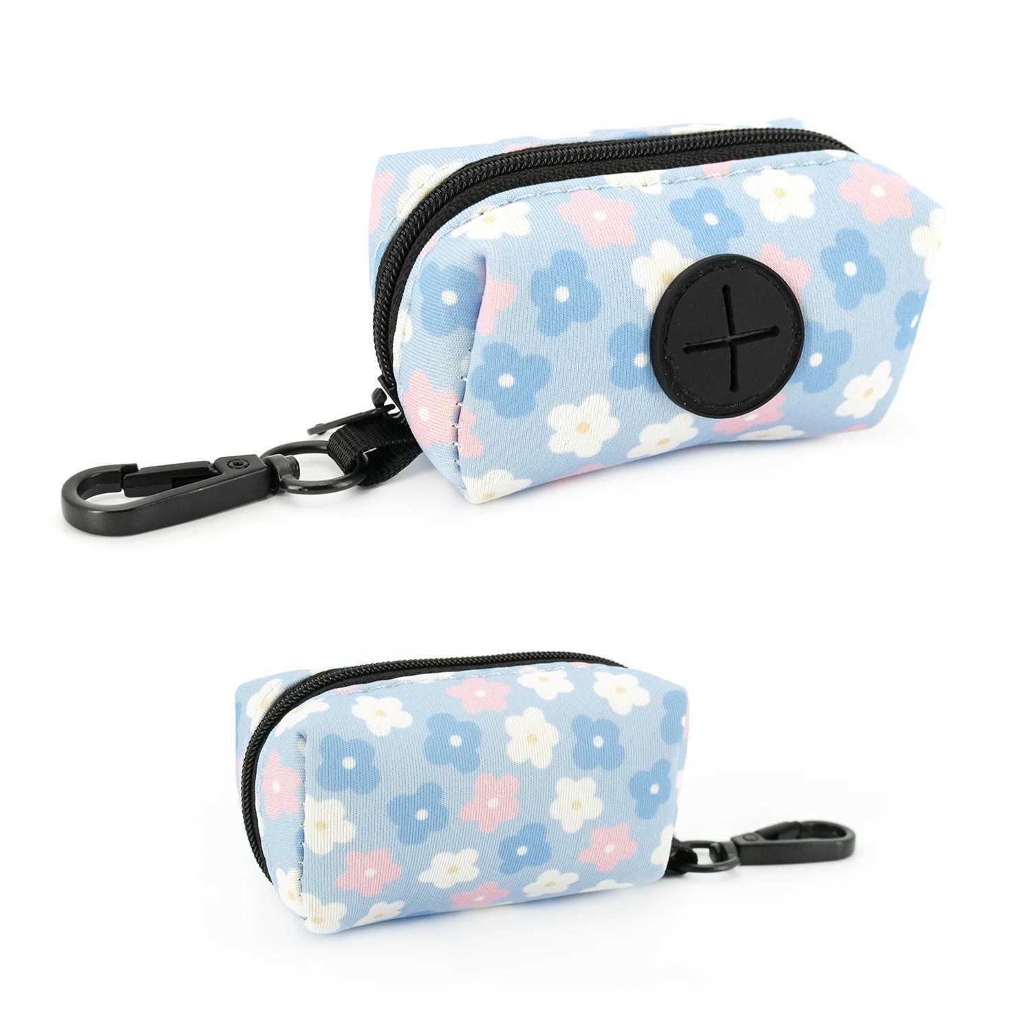 Adjustable pet dog collar durable soft and cute creative color blue flower belt chloroprene rubber safety belt poop bag dispenser X250326