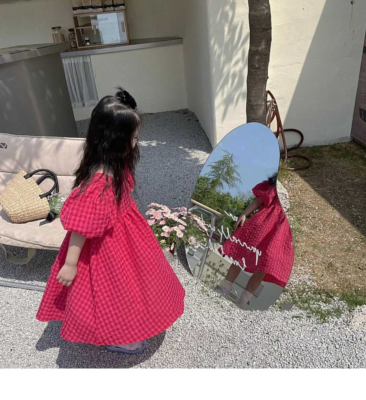 Grid bandage bow red fluffy sleeves childrens dress girls clothing childrens clothing cute princess dress girls 3t-7t years W250326