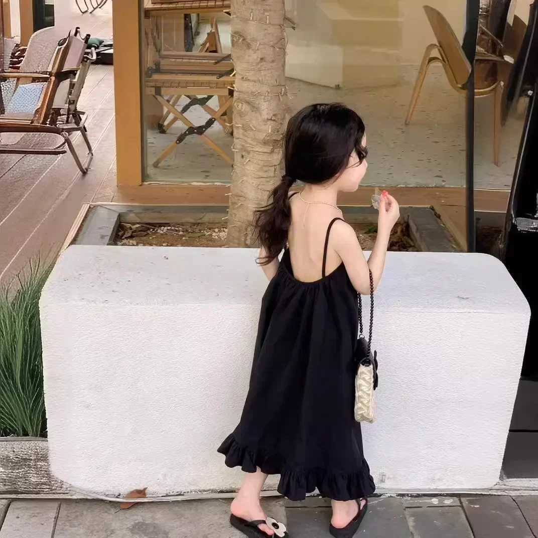 Girls dress Korean 2024 summer new solid color sun dress vacation backless sexy spicy girl baby fashion childrens summer clothing W250326