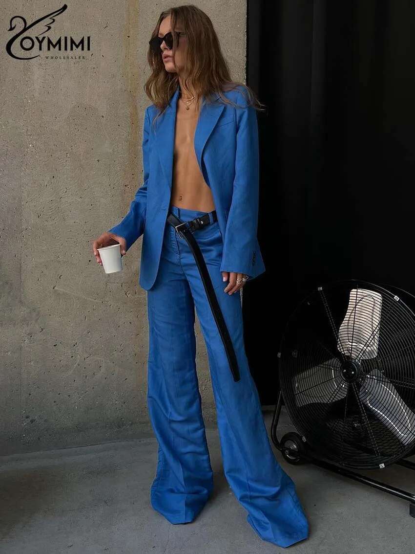 Oymimi Fashion Blue Cotton For Women 2 Pieces Elegant Long Sleeve Single Button Shirts And Solid Wide Leg Pants Female Sets