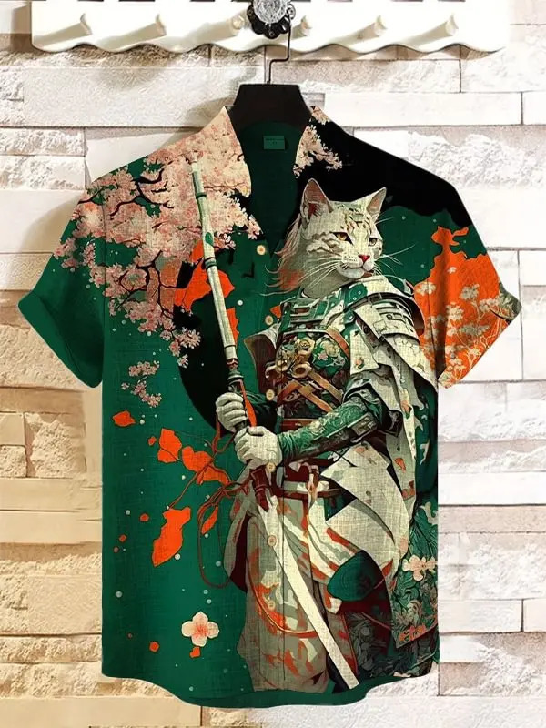 2025 linen comfortable fabric Asian style retro pattern printed mens short sleeved shirt casual wear button top 250325
