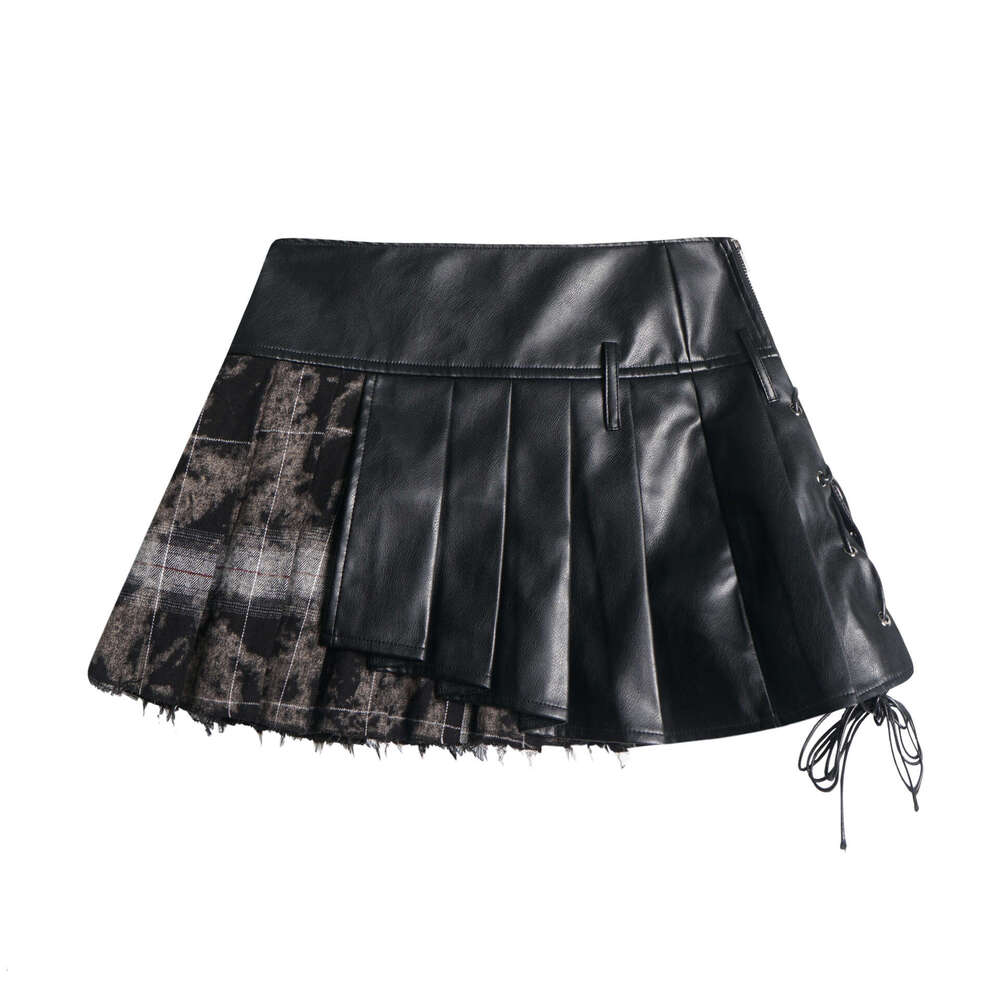Sweet Cool Subculture Fake Two Piece Leather Splicing Pleated Short Female Y2k Punk A-Line Slimming Half Body Skirt Trendy