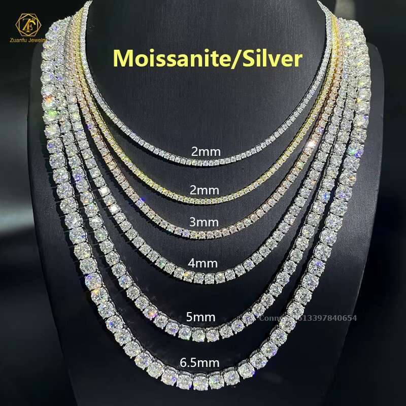 Factory Wholesale Moissanite Jewelry 925 Silver Hip Hop Rock Diamond Chain 2mm 3mm 4mm 5mm 6.5mm VVS Moissanite Tennis Necklace