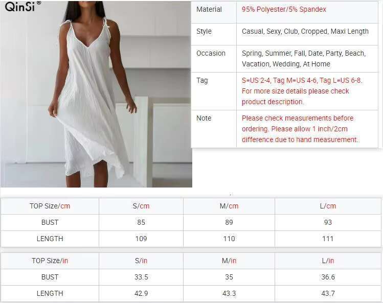 QINSI Casual Fashion White Dresses Woman V Neck Sleeveless Solid Maxi Sexy For Wrinkle Women Night Dress