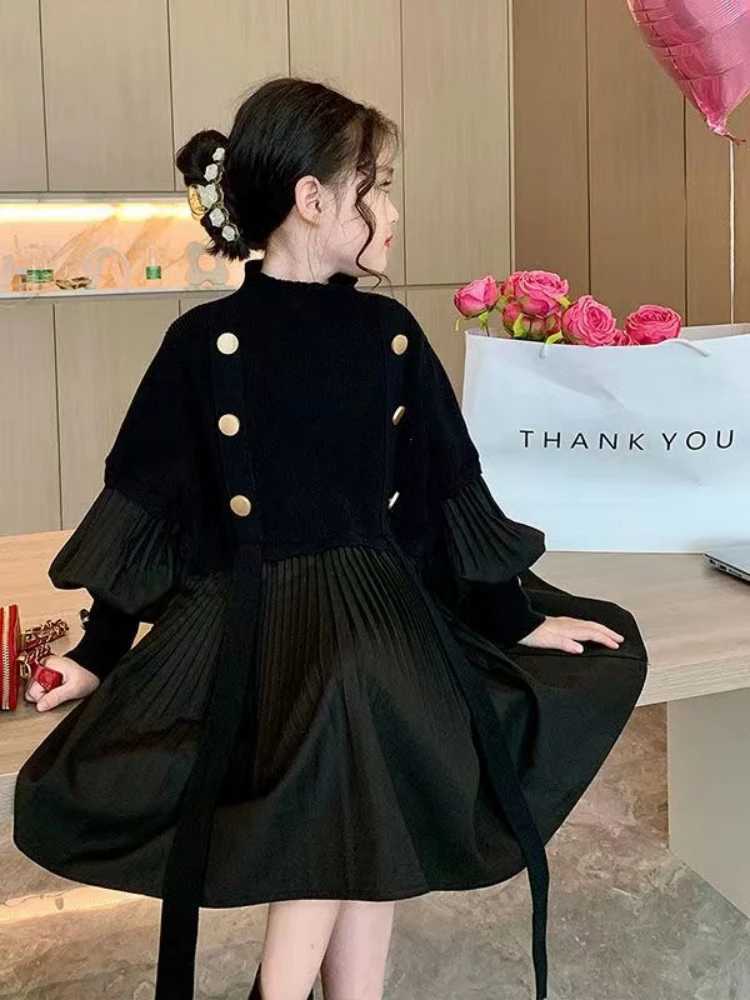 2024 Spring/Summer New Girls Dress Childrens Clothing Black Design Splicing Knitted Folded Dress W250326