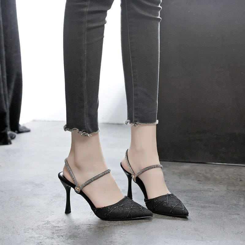 Baotou High Heel Sandals for Women Summer 2025 New Style Fine Heel Pointed Water Diamond Cold Slippers High Heel Shoes for Women