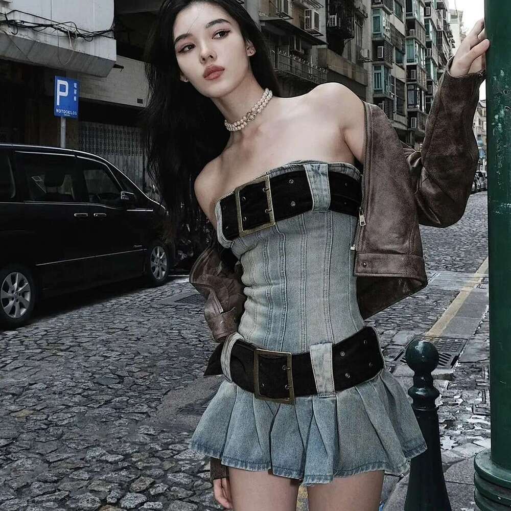 Jaded London Denim Dress Y2k Washed And Worn One Shoulder Spicy Girl Pleated Short Skirt