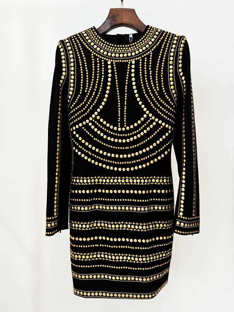 HIGH STREET Newest Fashion 2024 Designer Women's Long Sleeve Metal Beaded Stretchy Dress