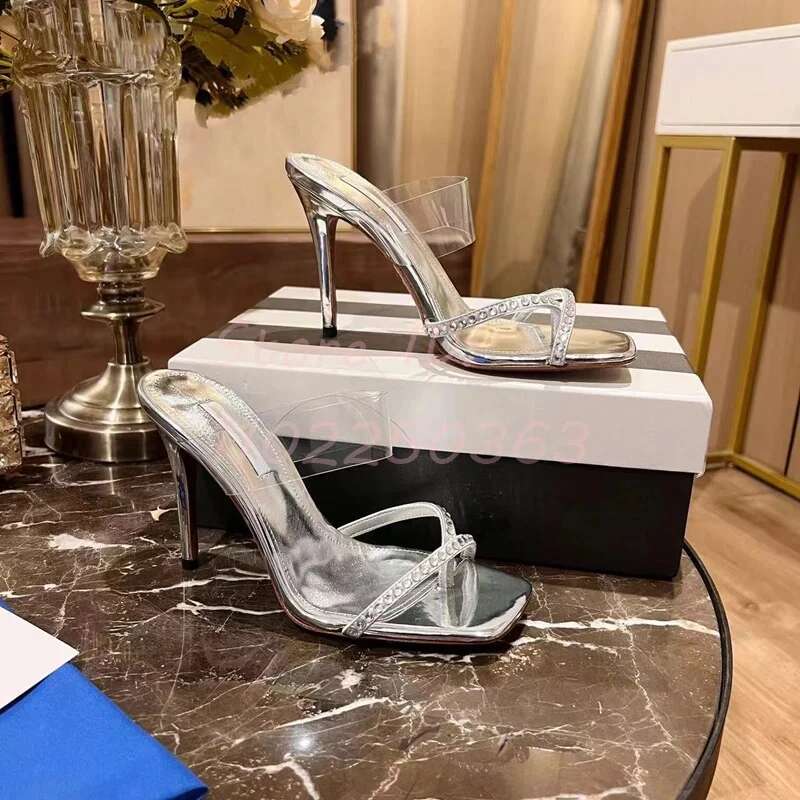 Crystal Straps Thin High Heel Slippers Clear PVC Round Toe Flip-p Stilettos Rome Sandals Women Solid Dress Mules Shoes 2024