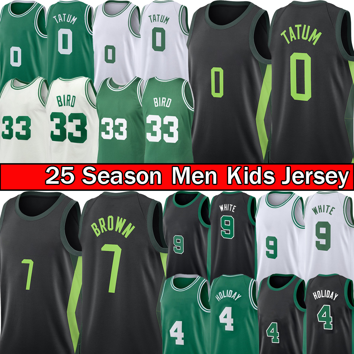 Jayson Tatum, Jaylens Brown, Basketball Jerseys Jrue Holiday, Larry 33 Bird 2024-25 Mens Kids Youth Green Edition Shirt S-XXL