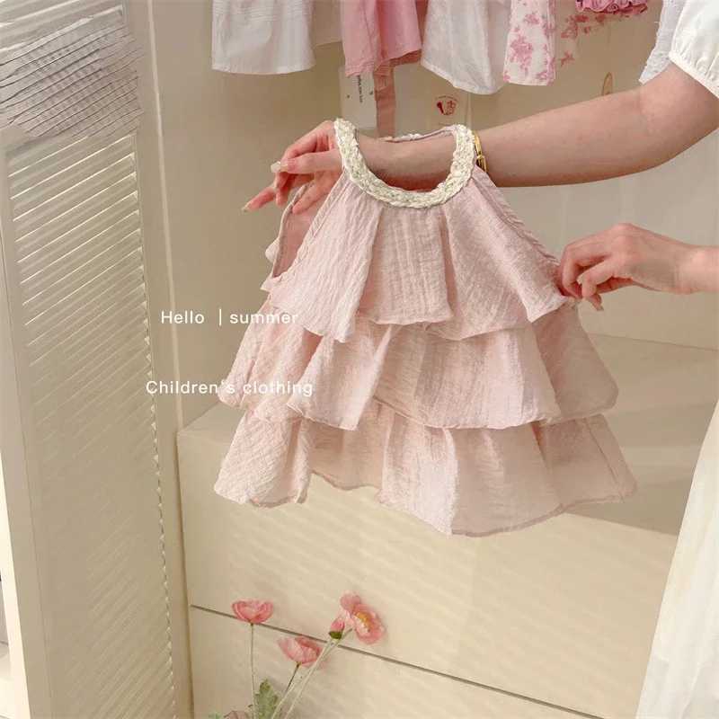 Girls casual dress summer new childrens clothing sweet vest baby cake 2024 round neck fashionable soil sweet pink W250326