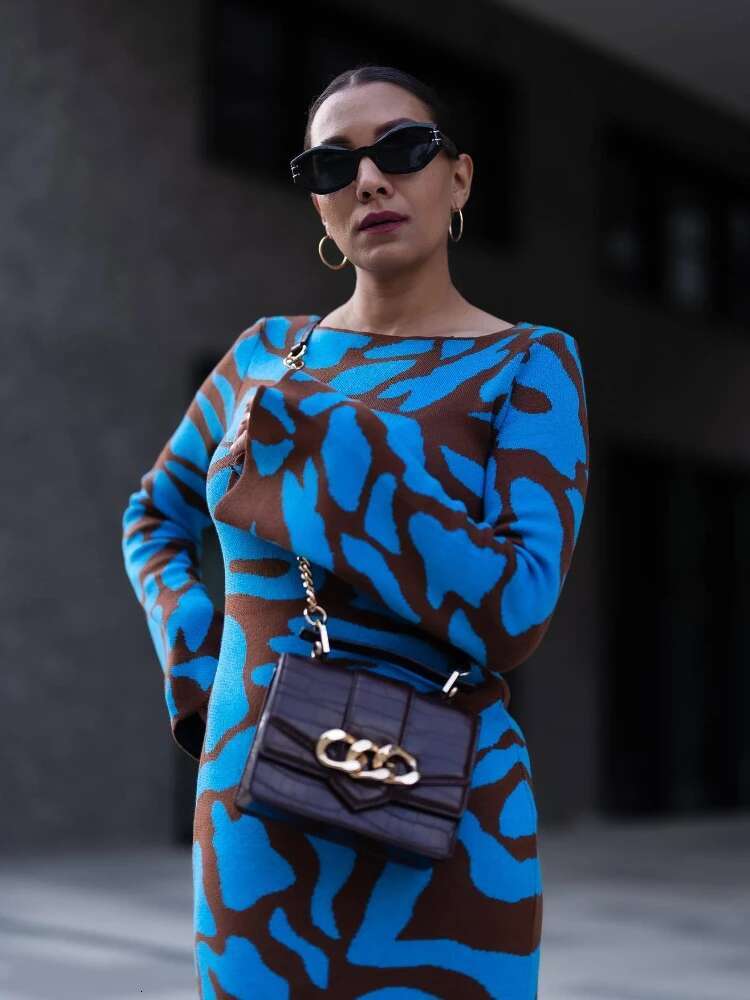 Autumn Knitted Bodycon Maxi Flare Sleeve Elegant Geometric Printed Party Dresses for Women 2023 Evening Club Long Dress