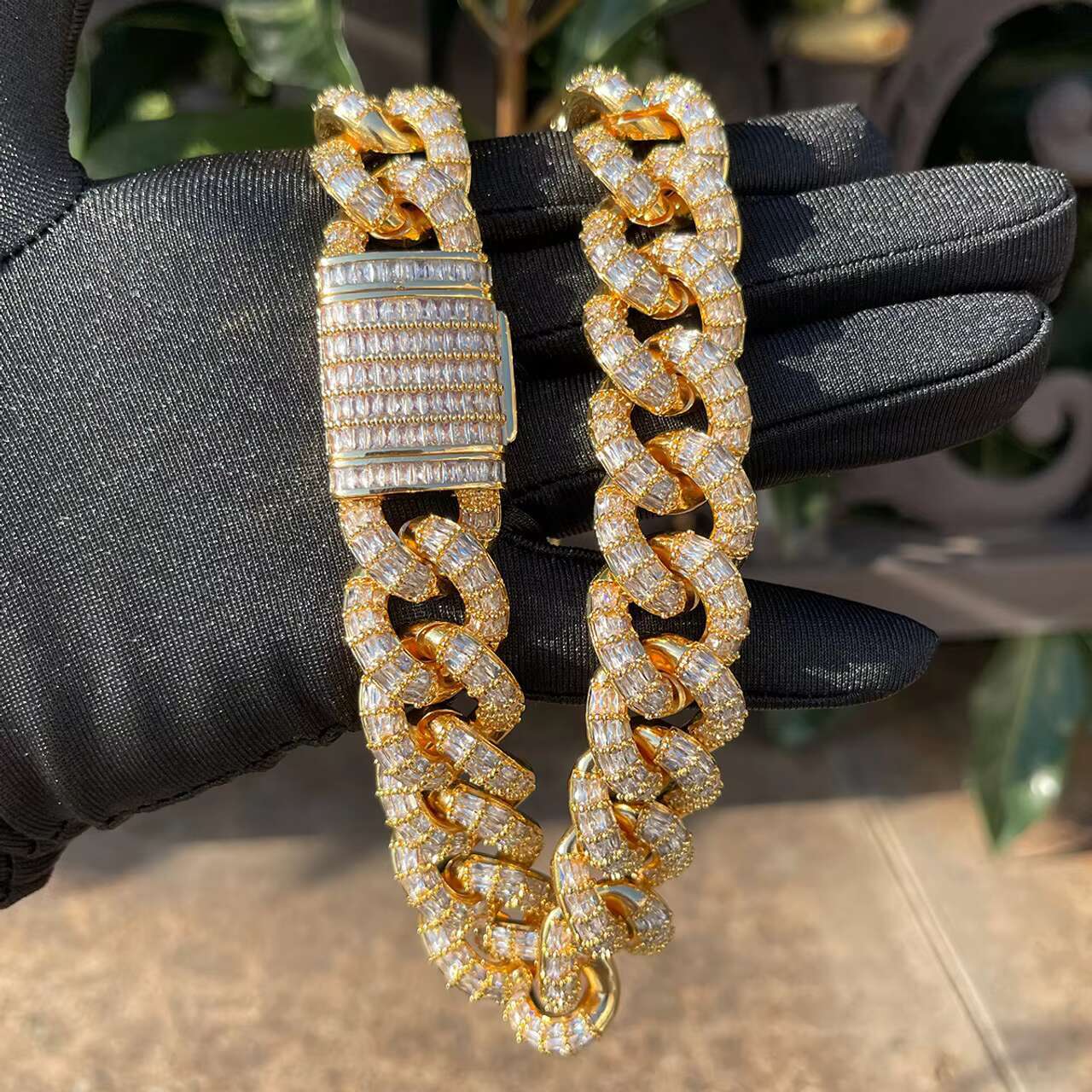 Cascade 24K Gold 925 Cuban Link Chain Flooded Ice Prong Set with Baguette Moissanite Necklaces in a Stylish Design