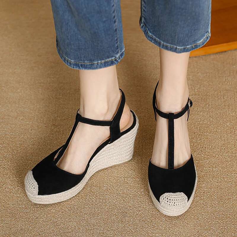New EAGSITY 2025 design espadrilles cow leather wedges sandals platform ankle strap high heel casual shoes pumps
