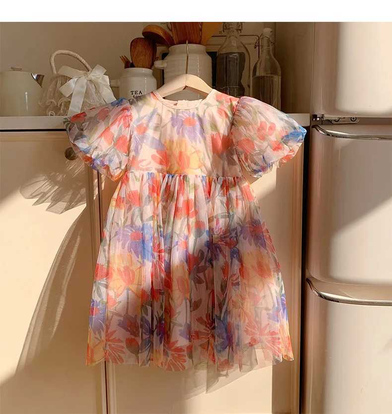 Summer 2025 childrens clothing puff sleeves girls printed dresses mesh childrens dresses W250326