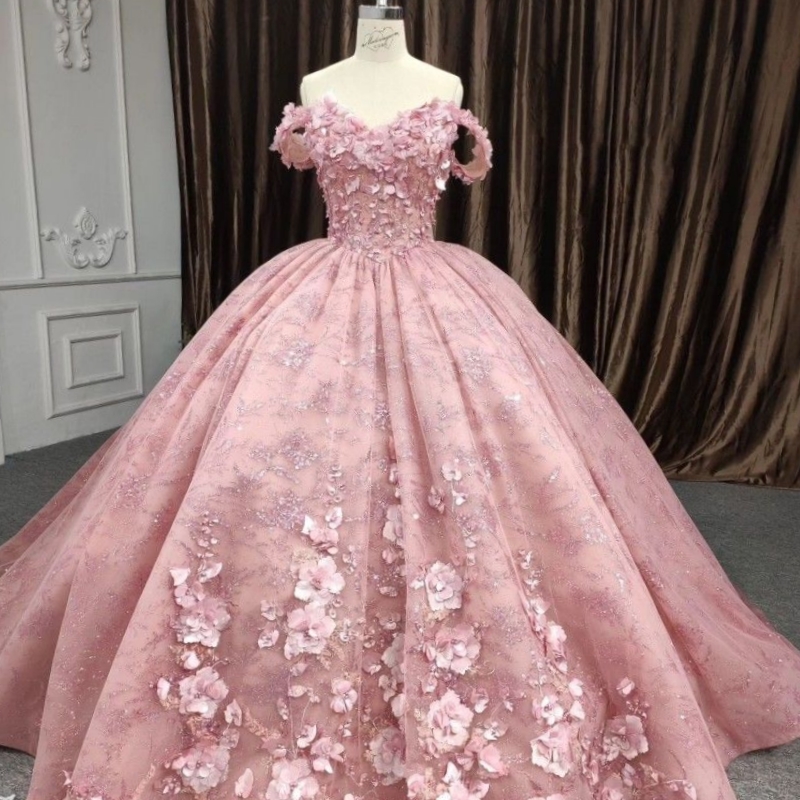 Pink Shiny Sweetheart Quinceanera Dresses Ball Gown 3D Flower Lace Appliques Beading Tull Birhtday Party Dress Lace Up Sweet 16 Dress Vestidos De 15 A