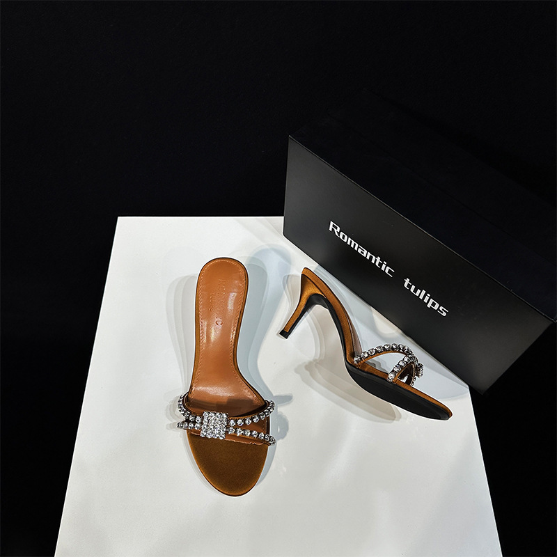 25 new style French elegant sparkling diamond pointed open toe high-heeled shoes with crossed straight stripes and cool slippers made of silk