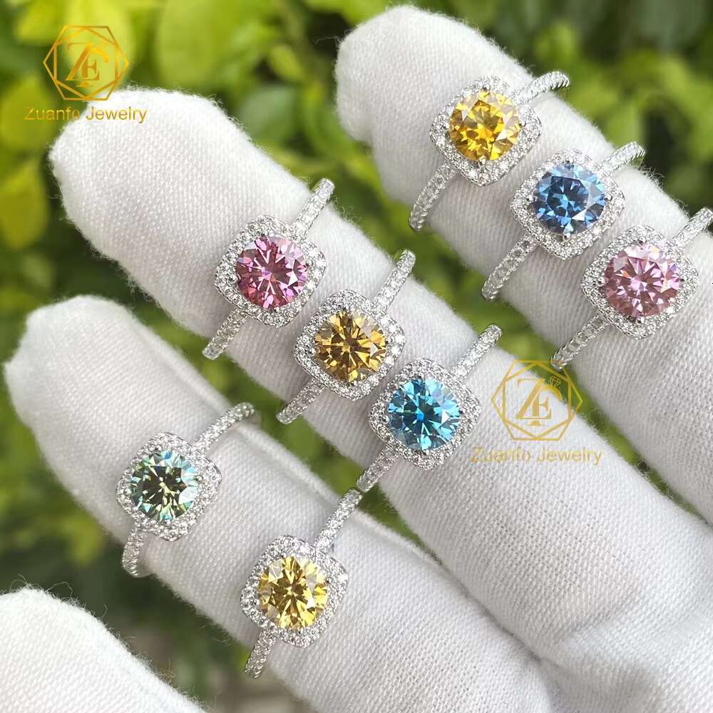 Moissanite Jewelry 925 Sterling Silver Moissanite Ring Round Yellow Pink Green Vvs Engagement Moissanite Halo Rings for Women
