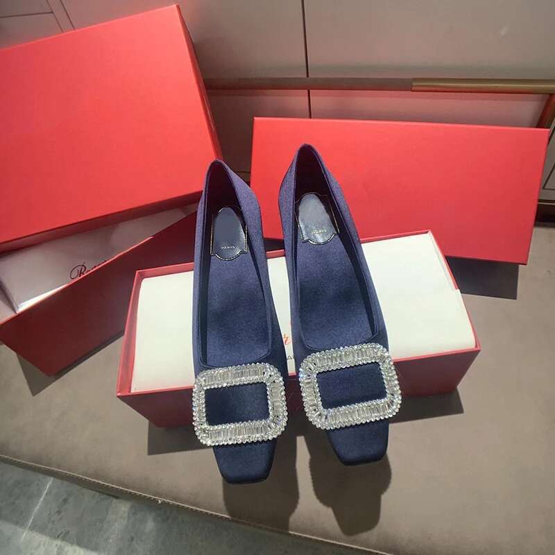 Dia buckle thick single square toe satin shallow cut shoe high heeled female wedding shoes