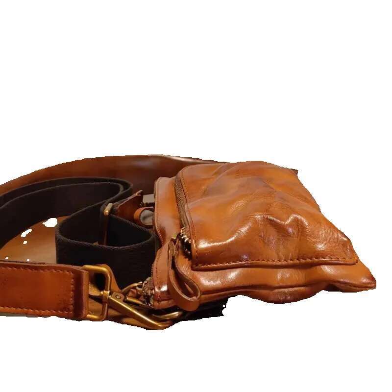 Vintage Natural Genuine Leather Pleated Men's Small Crossbody Designer Outdoor Daily Light Real Cowhide Shoulder Bag