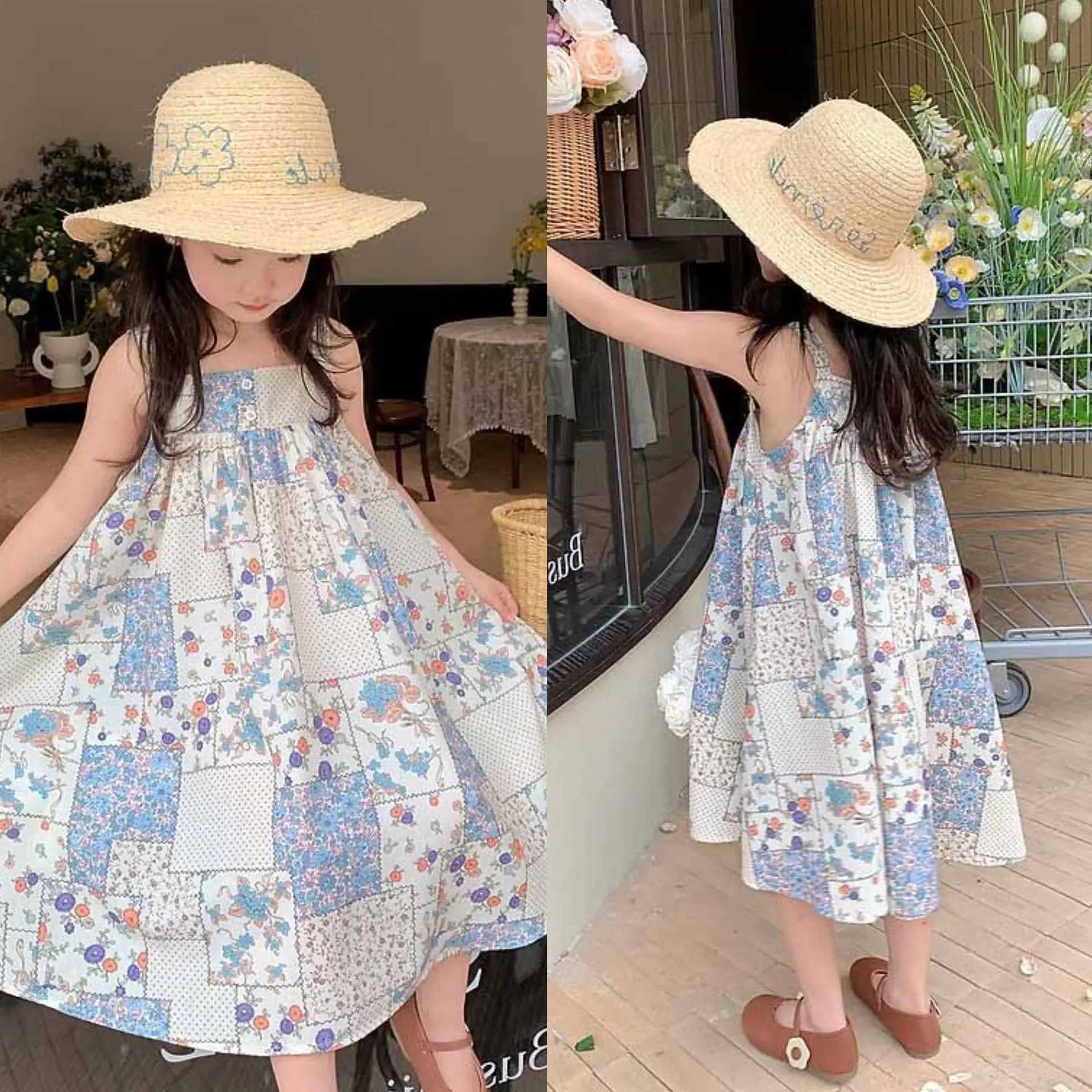 Girls casual dress with floral print and plain patch work sleeveless dress childrens clothing for girls aged 3 to 7 childrens clothing for girls W2503