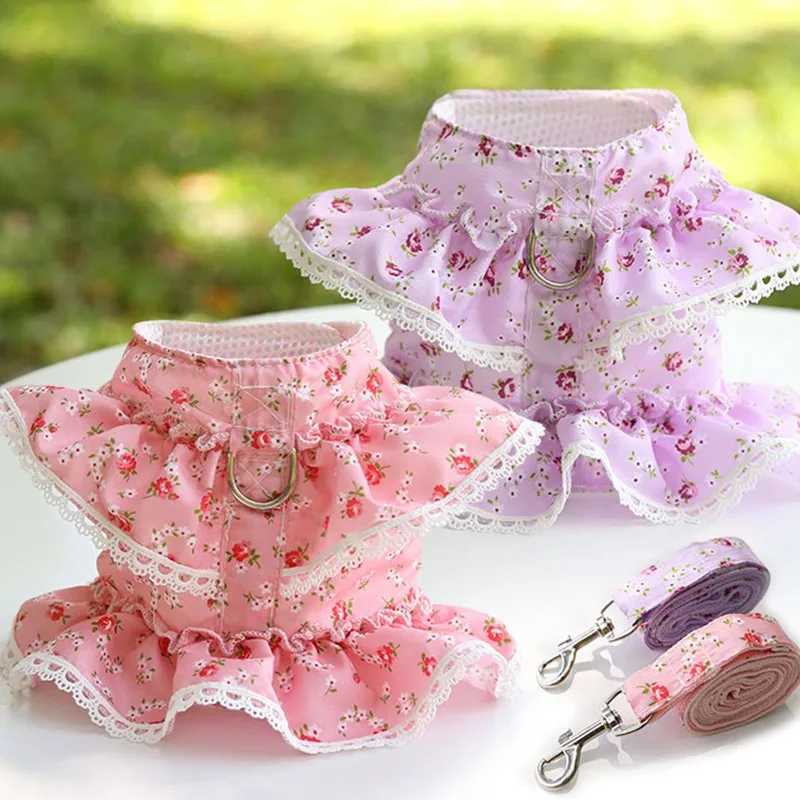 Dog Strap Set Adjustable Lace Flower Printed Pet Strap Vest Cute Dog Clothes Dog Mesh Strap X250326