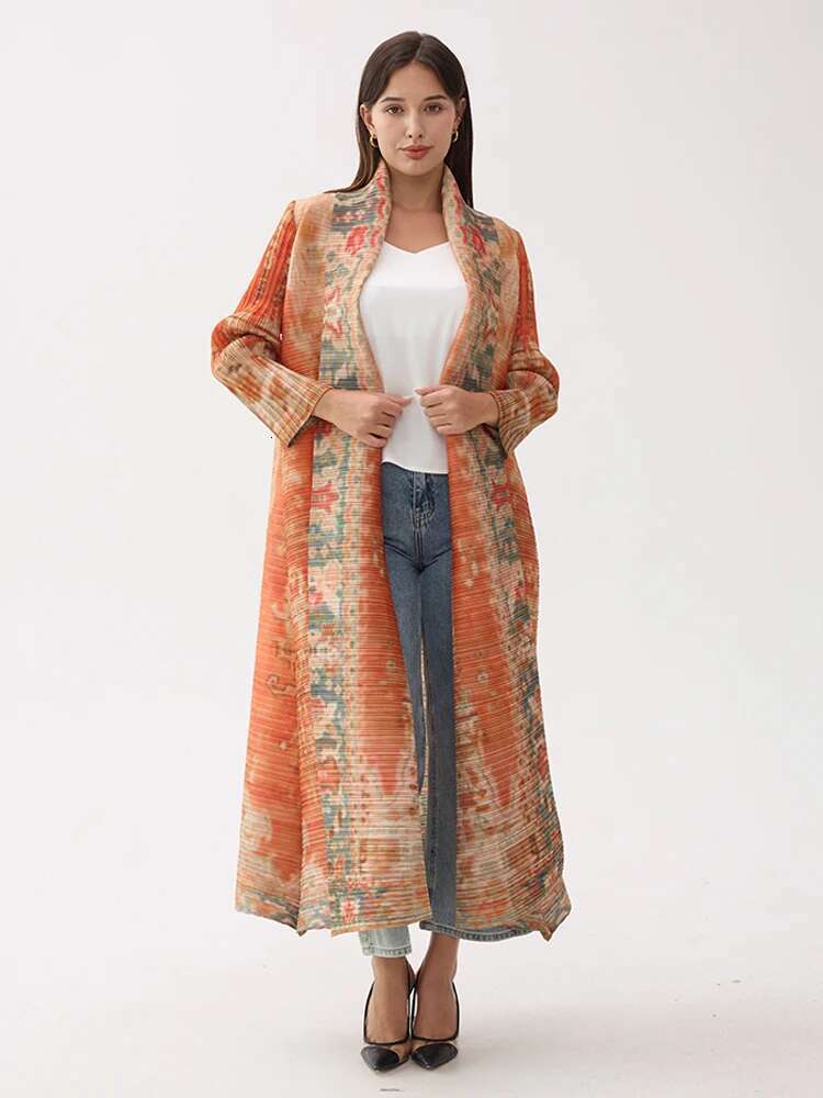Miyake Pleated Vintage Printed Turn-Down Collar Sleeve Long Jacket Women Designer Abaya New Dubai Fashion Plus Size Coats