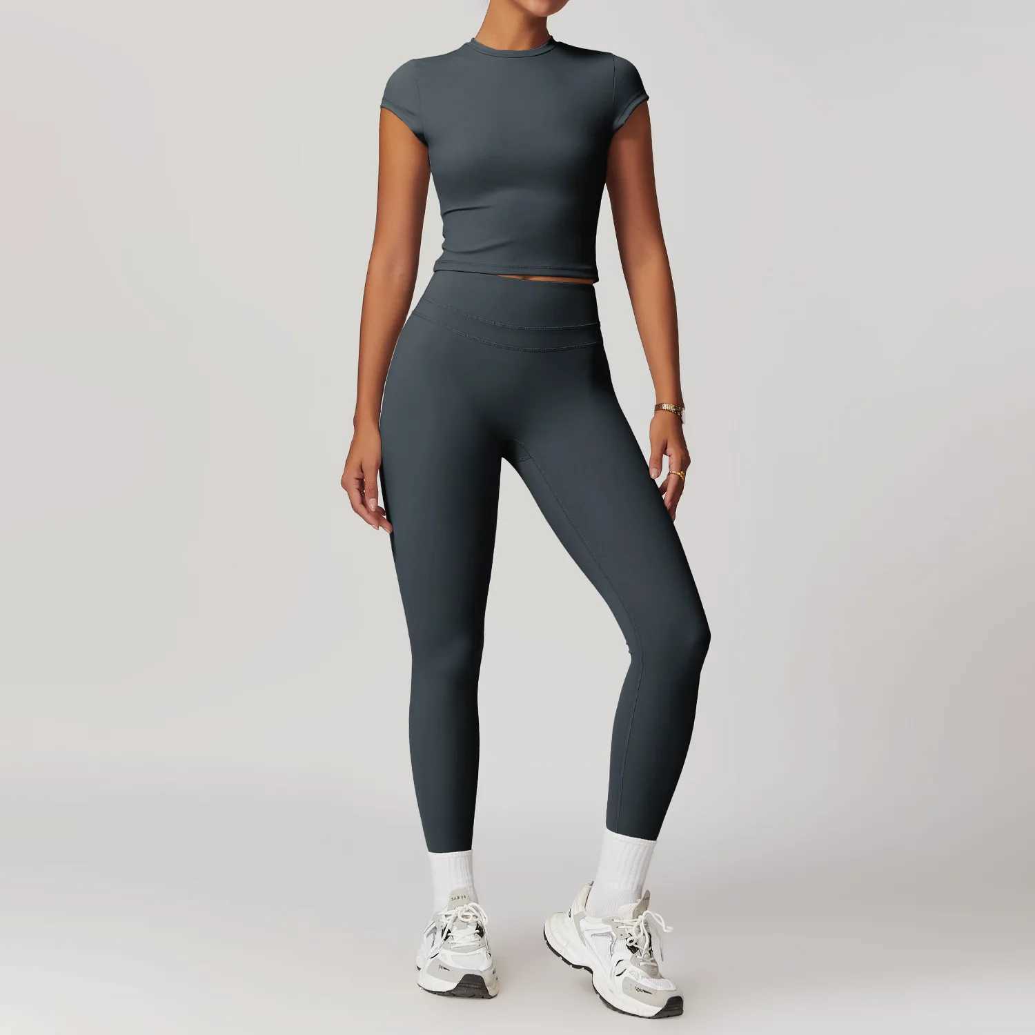 JUREN Yoga Set 2PCS Sports Set Womens Quick Drying Gym Set Womens Track and Field Clothing Running Exercise Short Sleeve Sports Yoga Clothing W250326