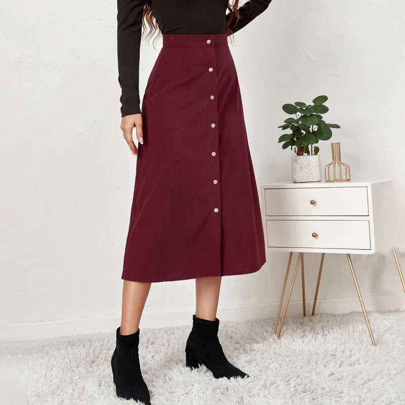 Dongdumaoyi Premium Corduroy Midi Rok Voor Dames Enkele Rij Knopen Hoge Taille Herfst Winter Lange A