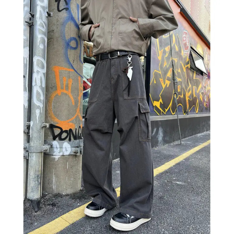 Mens casual work clothes cargo pants loose fitting straight and wide legs multiple pockets practical outdoor hiking durable heavy-duty 250324