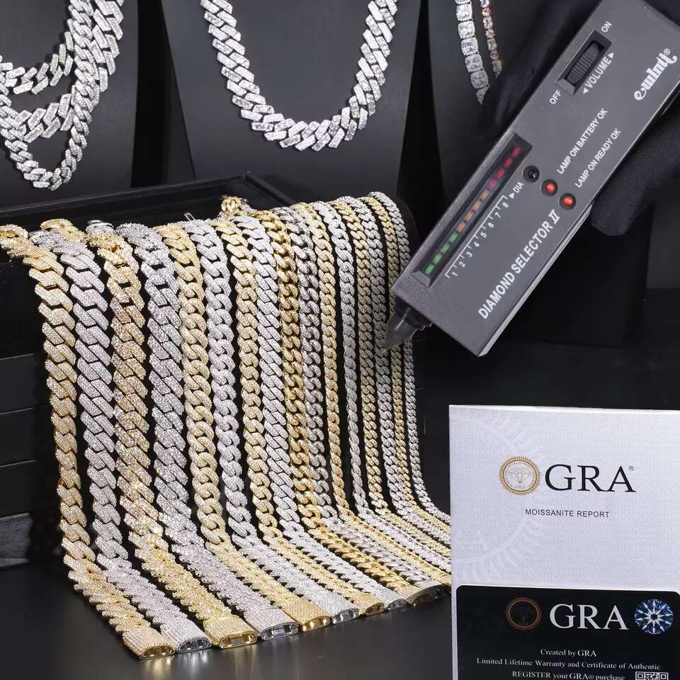 In Stock Moissanite Cuban Chain 12mm S925 Two Rows 22in Hip Hop VVS Moissanite Cuban Link Chain