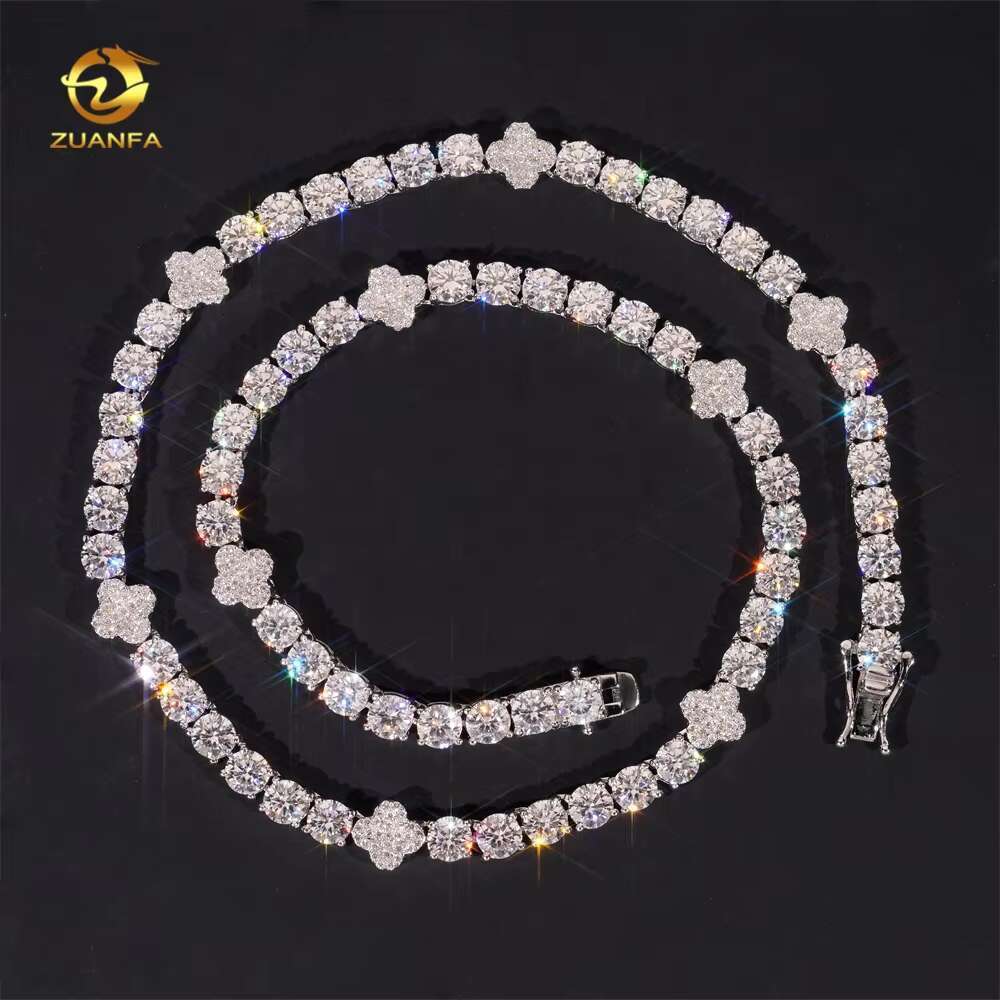 New Arrivals Hip Hop Clover Design 5mm Iced Out 925 Sterling Silver D Color Moissanite Tennis Chain Necklace