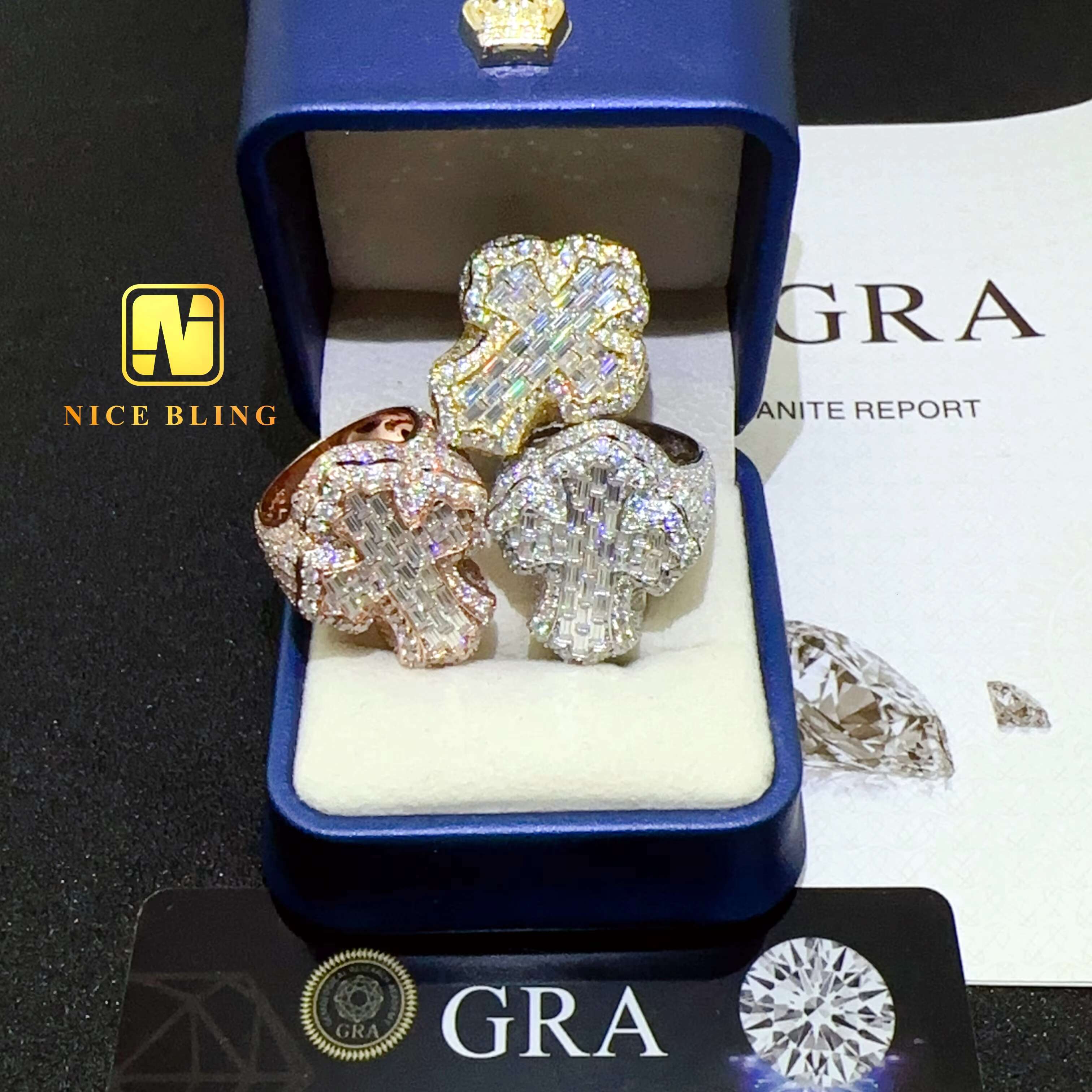 Fully Iced Out baguette Diamond Rings Fashion Hip Hop Cross Ring Gra Certified Moissanite Jewelry for Men