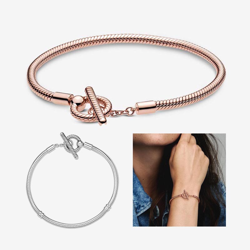 Circle T-Bar Snake Chain Bracelet 18K Rose Gold For Women Wedding Gift Jewelry Set Designer Bracelet 925 Silver Charm bracelets with Retail Box Top Quality Wholesale