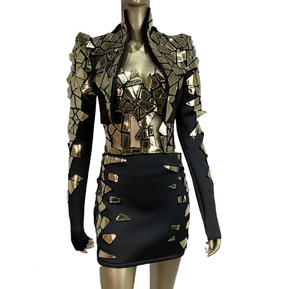 Sexy Shiny Gold Imitation Lens Mini Skirt Set Y2k Bar Party Female Singer Nightclub Performance Outfit