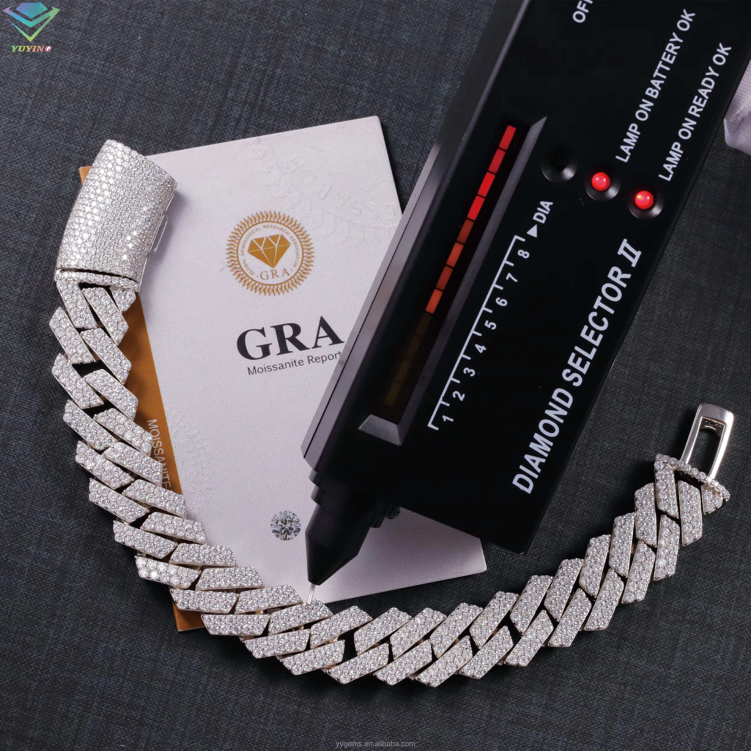 Luxury 14mm Moissanite Cuban Chain Iced Out 925 Silver 2 Rows White Gold Plated VVS Moissanite Cuban Link Chain Bracelet