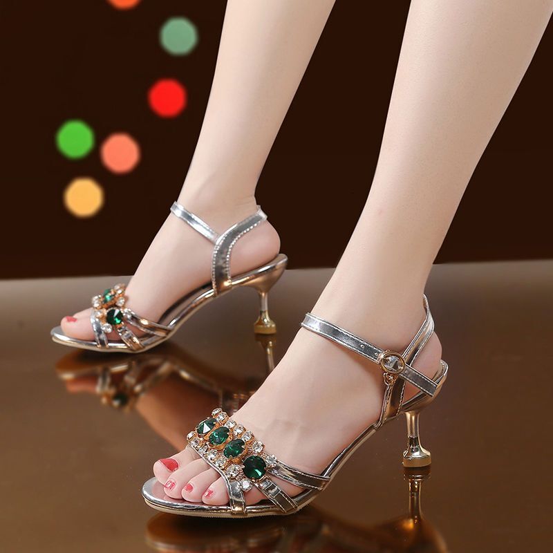 PLOVER High Heel Sandals for Women 2025 Summer New Popular Style One Word Belt Open Toe High end Middle Heel Water Diamond High Heels