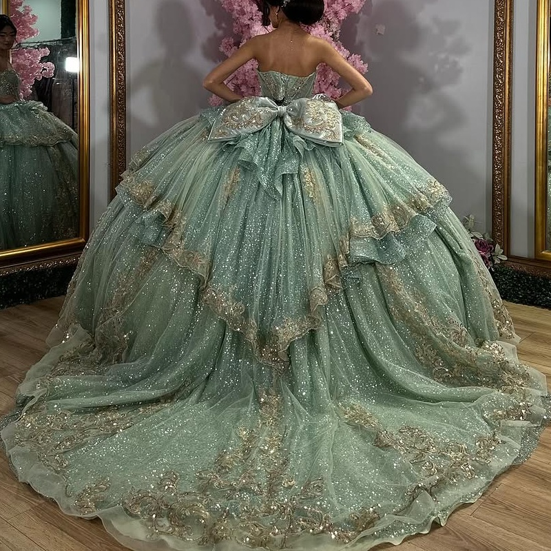 Sage Green Shiny Princess Quinceanera Dresses Appliqued Lace Beads Tull Bow Sweet 16 Dress Off Shoulder Ball Gown Vestidos 15 De Anos