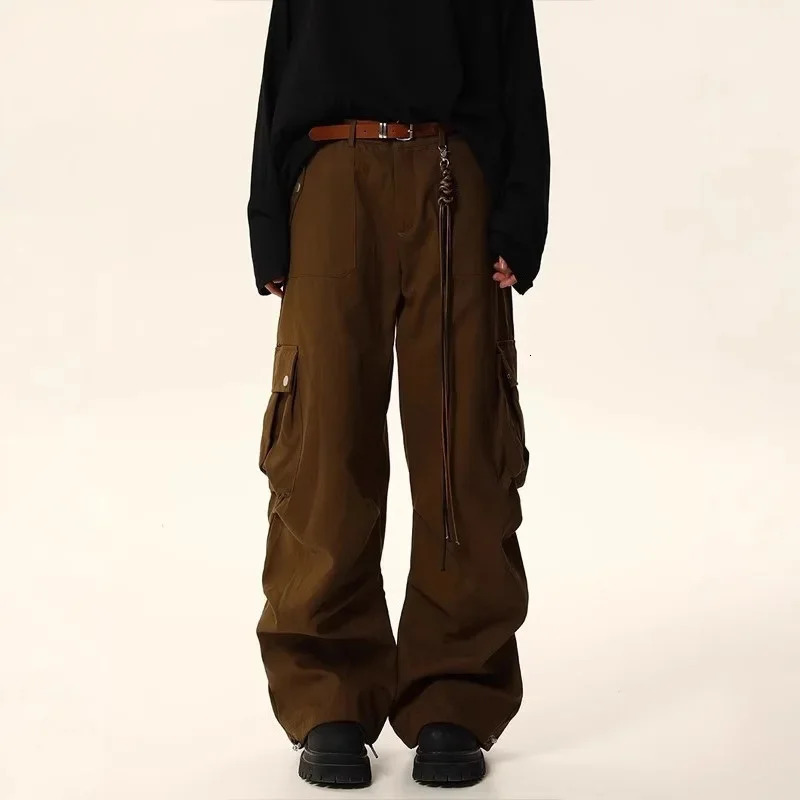 Retro American Panther Brown Cargo Pants Loose Fit Straight Leg Casual Mens and Womens Autumn Puff 250326