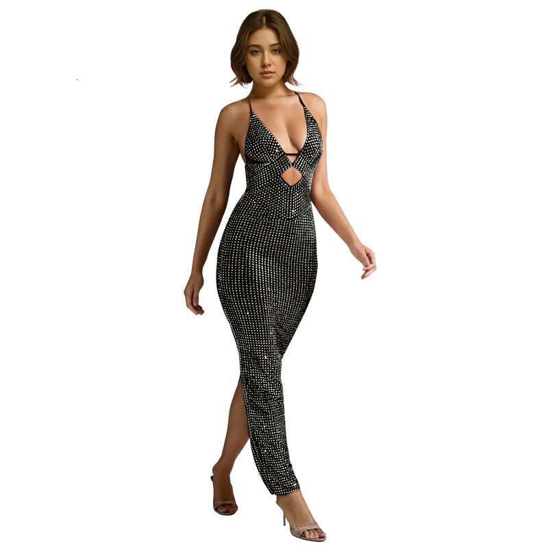 Dongdumaoyi Mode Dameskleding V Kraag Mouwloze Maxi Jurk Met Strass C
