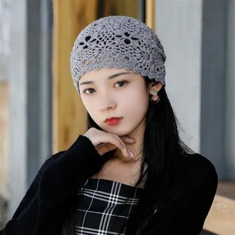 Spring Summer Thin Handmade Female Crochet Hat Hook Flower Knitted Hollow Breathable Ladies Cap Women Beanies 250321