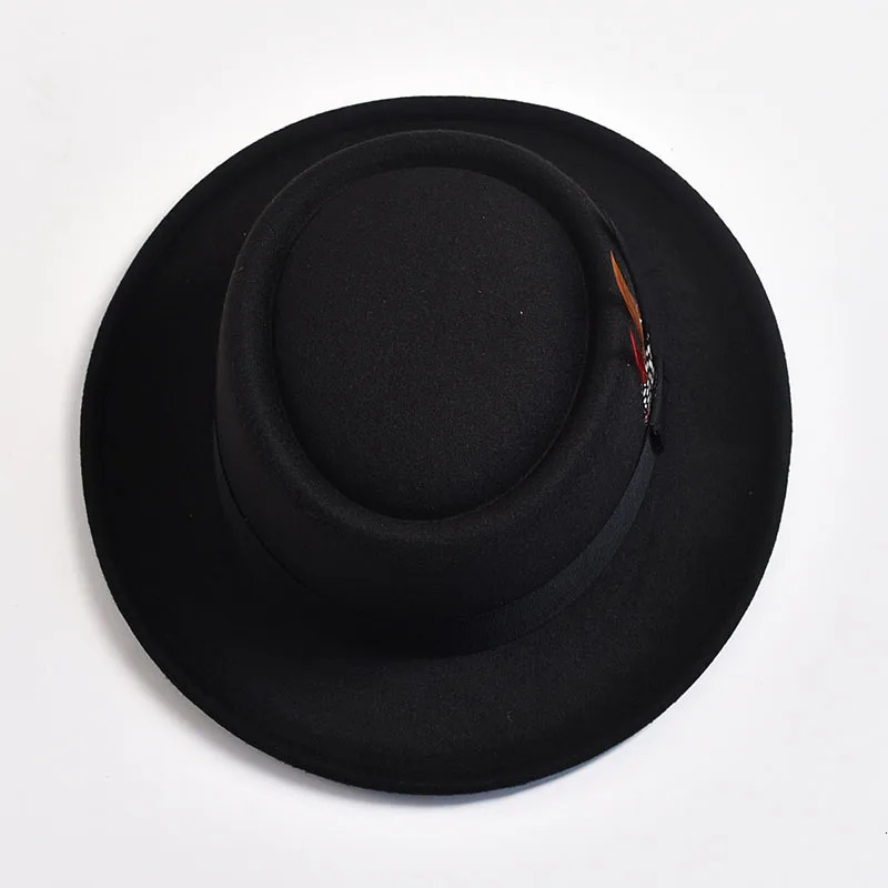 retro pork pie hat mens rolling Brim felt Fedora hat with feather gentleman Trilby jazz hat 250325